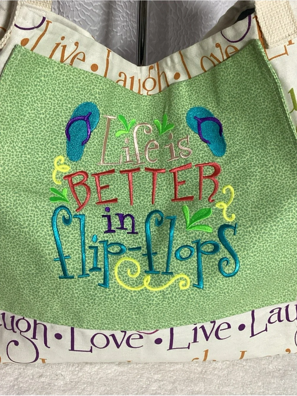 Live Laugh Love Cloth Canvas Shopper Tote “Life is Better in Flip Flops” NWOT - Picture 3 of 12